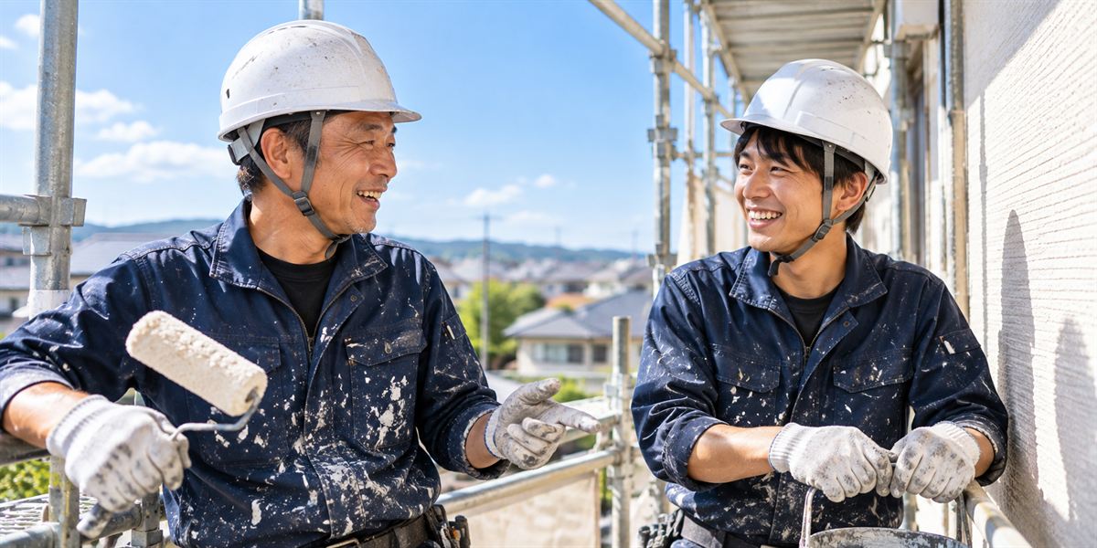ベテラン職人と若手職人が現場で笑顔で話している様子